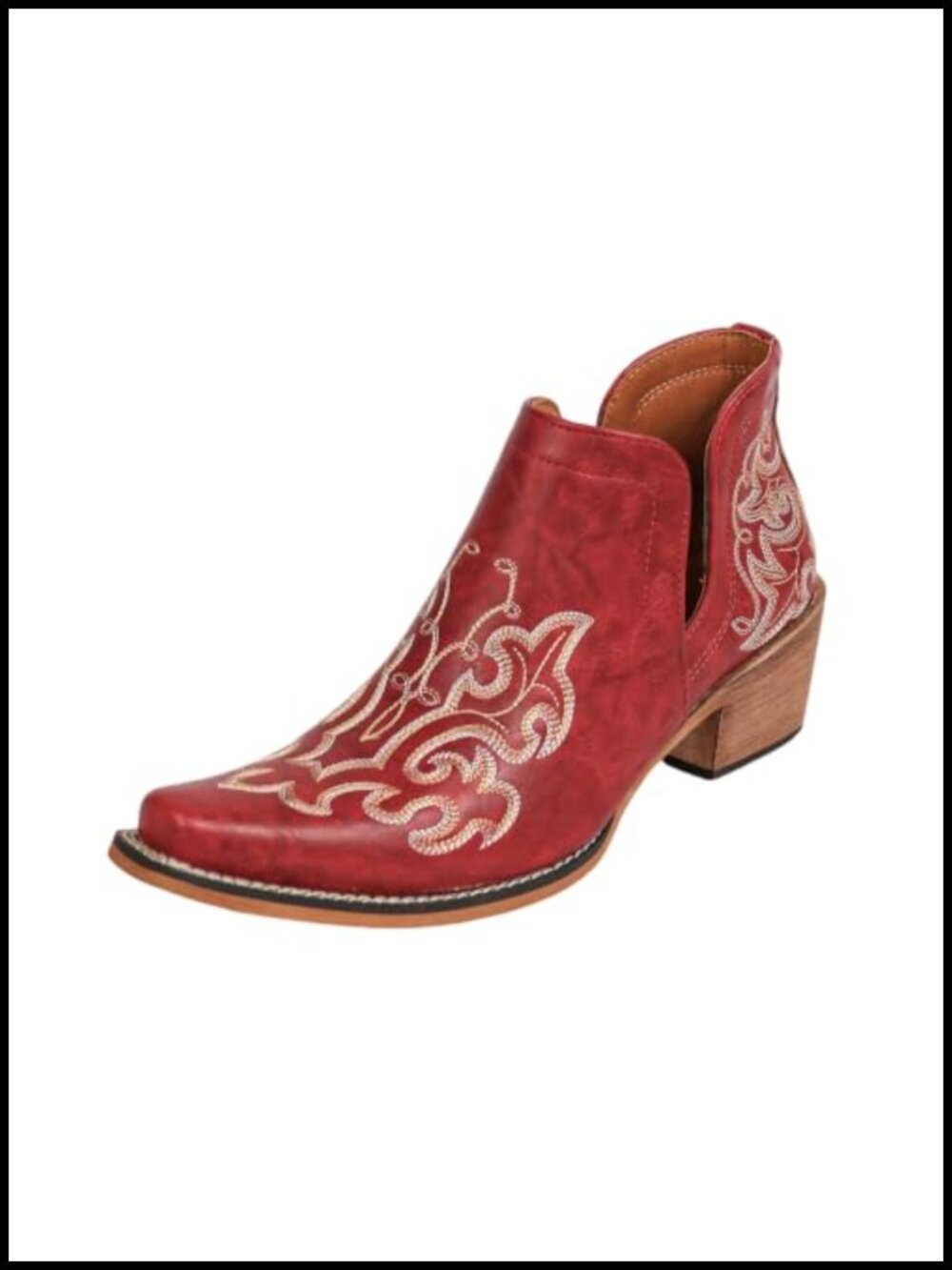 Western Embroidered Ankle Boots Chunky Block Heel Pointed Toe Faux Leather